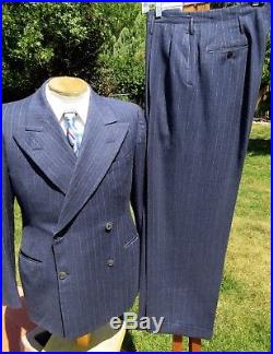 1930s 3 pc Double Breasted Pinstripe Suit 38R 33×30 Superb Hi Waisted Gangster