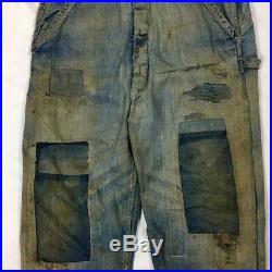 1940 Workmaster 9oz Boro Quality Distressed Patch Repaired Denim Overalls Indigo