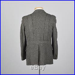40R 1970s Mens Herringbone Wool Tweed Belted Norfolk Jacket Fancy Back 70s VTG
