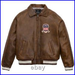 AVIREX Men's Leather Jacket Cowhide Brown Handmade American Military Bomber