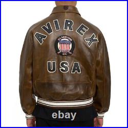 AVIREX Men's Leather Jacket Cowhide Brown Handmade American Military Bomber