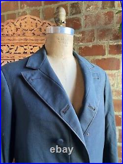 Antique Edwardian Wool Gabardine Double Breasted Coat With Striped Lining Men's S