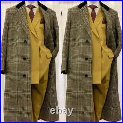 Checked Plaid Wool Blend Herringbone Coat Men Long Overcoat Winter Business