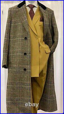 Checked Plaid Wool Blend Herringbone Coat Men Long Overcoat Winter Business