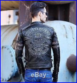DHL Free shipping. Gift Brand clothing men skull leather Jackets men's top genuin