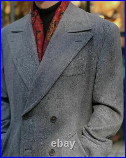Herringbone Mens Suit Tweed Long Overcoat Double Breasted Tailored Wool Blend