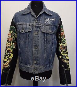 Jt280 Vtg John Richmond Destroy Mens Denim Jacket With Faux Leather Sleeves L