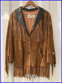 Lariat Leather Coat Fringed Beaded Southwest Suede Made in USA Sz Large Vintage