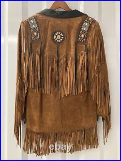 Lariat Leather Coat Fringed Beaded Southwest Suede Made in USA Sz Large Vintage