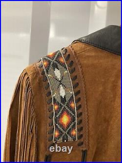 Lariat Leather Coat Fringed Beaded Southwest Suede Made in USA Sz Large Vintage