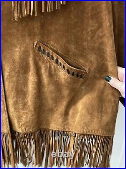 Lariat Leather Coat Fringed Beaded Southwest Suede Made in USA Sz Large Vintage