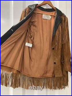 Lariat Leather Coat Fringed Beaded Southwest Suede Made in USA Sz Large Vintage