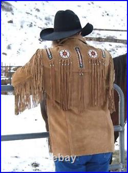 Men Brown Suede Vintage Traditional Western Cowboy Leather Jacket Braided Fringe