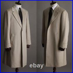Men Long Overcoat Brown Herringbone Wool Blend Coat Winter Business Outwear