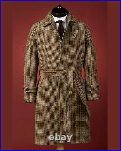 Men Long Overcoat Brown Herringbone Wool Blend Coat Winter Business Outwear