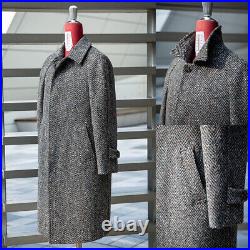 Men Long Overcoat Gray Herringbone Wool Blend Coat Winter Business Outwear