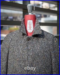 Men Long Overcoat Gray Herringbone Wool Blend Coat Winter Business Outwear