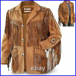 Men's Traditional Cowboy Western Leather Jacket Coat with Fringe Native American