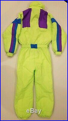 Mens Downhill Racer Vintage 80's Neon Full Snow Ski Suit Yellow Purple Blue VTG