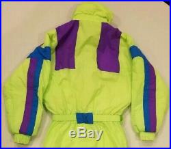 Mens Downhill Racer Vintage 80's Neon Full Snow Ski Suit Yellow Purple Blue VTG