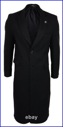 Mens Full Length Overcoat Mac Jacket Wool Feel Charcoal Black 1920s Blinders