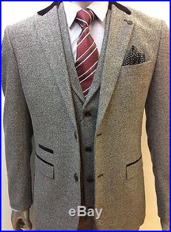 Mens Marc Darcy Designer Grey Tweed Herringbone Three (3) Piece Suit