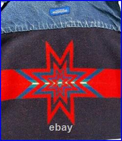 Mens Vintage Pendleton Blue jean Denim Jacket Aztec Navajo design wool panel