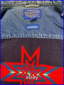 Mens Vintage Pendleton Blue jean Denim Jacket Aztec Navajo design wool panel