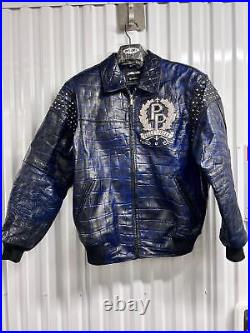 PELLE PELLE Marc Buchanan Mens Blue Vintage Leather Jacket Size 44 Fleur-De-Lis