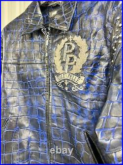 PELLE PELLE Marc Buchanan Mens Blue Vintage Leather Jacket Size 44 Fleur-De-Lis