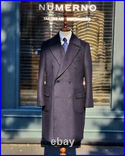 Purple Wool Blend Herringbone Coat Men Long Overcoat Business Double Breasted
