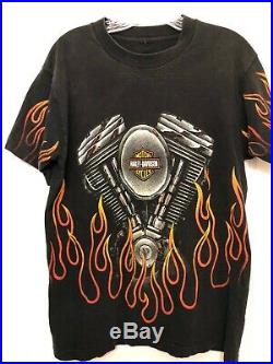 RARE Vintage Harley Davidson 1990's All Over Print Flames T-Shirt Black Fire M