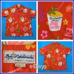 Rare DUKE KAHANAMOKU SUCK’EM UP Vintage 1960s Orange Hawaiian Shirt Large