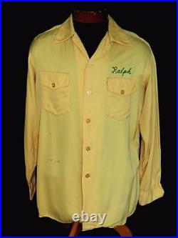 Rare Vintage 1940's-1950's Yellow Gabardine Embroidered Bowling Shirt Sz Medium