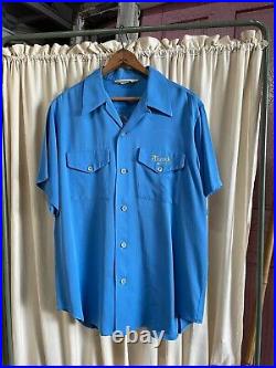 Rare Vintage 1950s Men's Blue Gabardine Chain Stitch Funeral Home Bowling Shirt