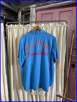 Rare Vintage 1950s Men's Blue Gabardine Chain Stitch Funeral Home Bowling Shirt