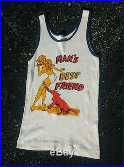 Rare Vintage 1950s Pin up Nude Girl Dog Surf T Shirt Tank Top Muscle Beach Small