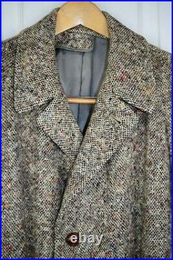 Rare Vintage 50s Rainbow Fleck donegal Tweed Trench Coat Overcoat L 44-46 USA