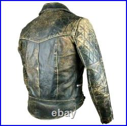 Retro Biker Vintage Cafe Racer Distressed Brown Men Real Leather Jacket / XS-5XL
