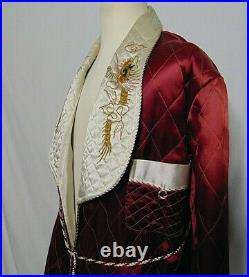 Smoking Jacket Mens Vintage Silk Half Robe Oriental Embroidered Pockets Red