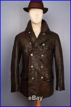Stunning Vtg 50s Brown Leather PEA COAT Sports Jacket Medium
