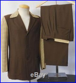 VTG 1940s Brown 2 Tone Belt Back Suit Houndstooth Pattern Hollywood Jacket
