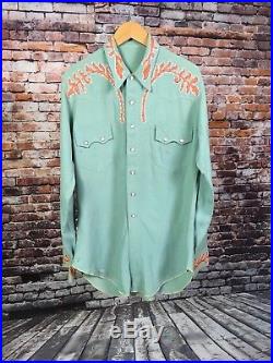 VTG 1950’s Western Pearl Snap Up Shirt Long Sleeve Seafoam Green No Tag Gab