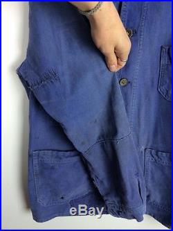 VTG Antique 20s French Workwear work Chore jacket hobo Sun Faded Darned Patched