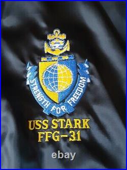 VTG BLACK BOMBER JACKET 1990 USS STARK FFG-31 Guided-Missile Frigate USA S MED