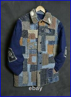 VTG FRENCH WORKER BORO PATCHED JACKET L QUILTED Workwear Denim Bleu de travail