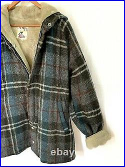 VTG Peters Whaler Plaid Wool Hooded Coat Parka Jacket Faux Fur Removable Lining