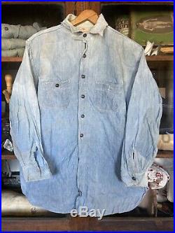 Vintage 1920s 1930s Mens Chambray Workwear Shirt JC Penney Chin Strap Farm Old