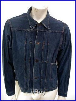Vintage 1940s One Pocket Pleated Indigo Denim Jean Jacket Selvedge Size LARGE