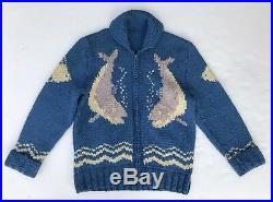 Vintage 1950’s 60s Cowichan Wool Full Zip Hand Knit Sweater Fish Fisherman Large